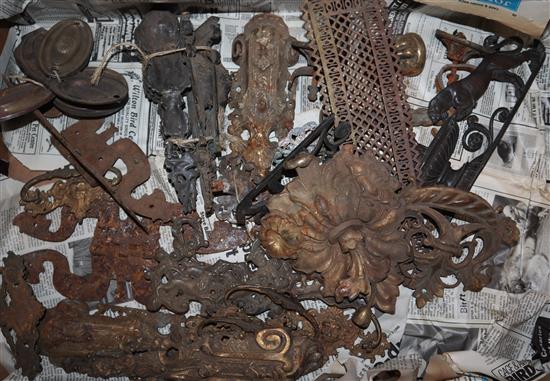 Two boxes of assorted furniture mounts and other related metalware